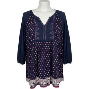 Pine Tunic Top Women XXL Navy Blue Pink Boho Embroidered Peasant 3/4 Sleeve